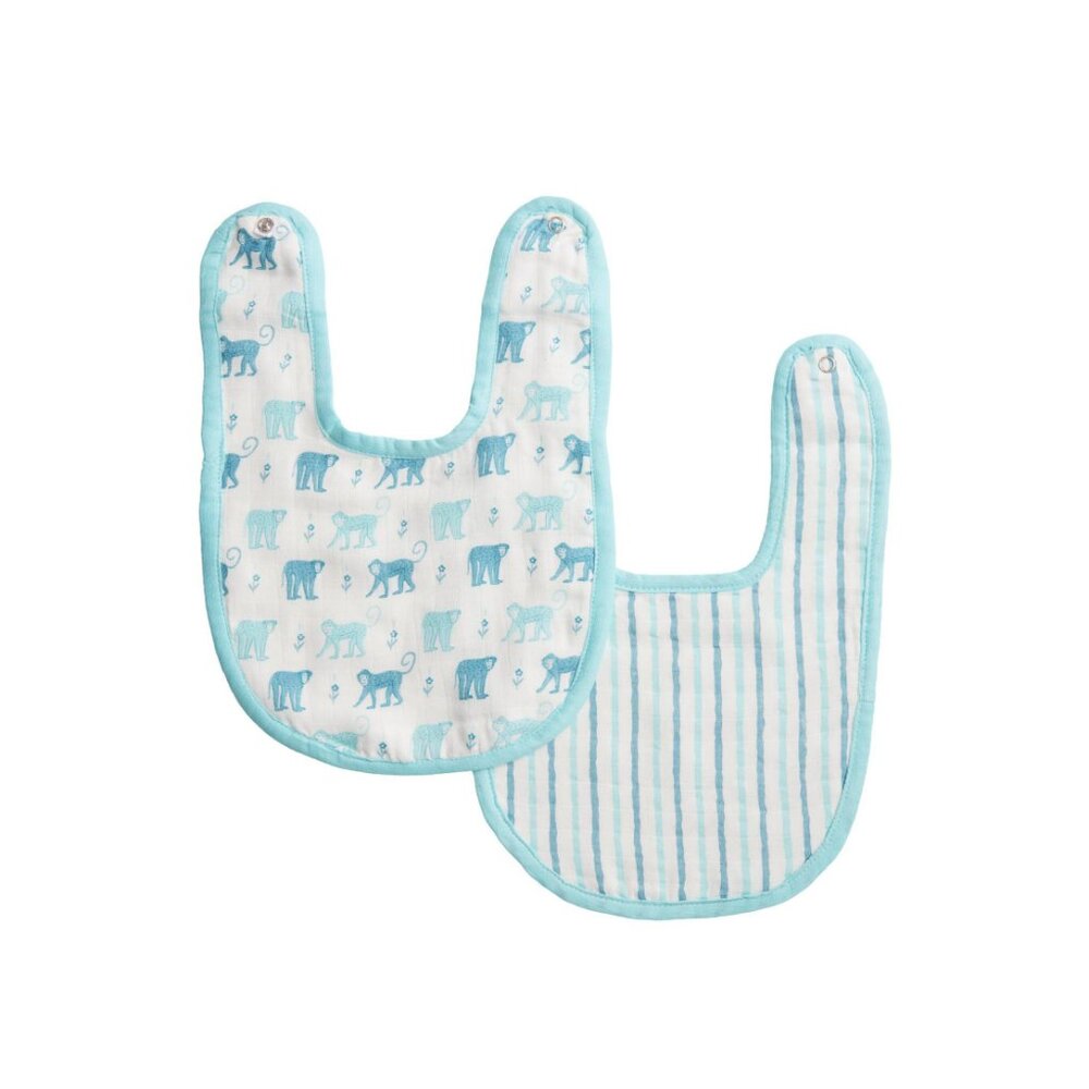 NEW 100% Cotton World Market set 2 bibs savanna animal MONKEY baby blue boy NWT
